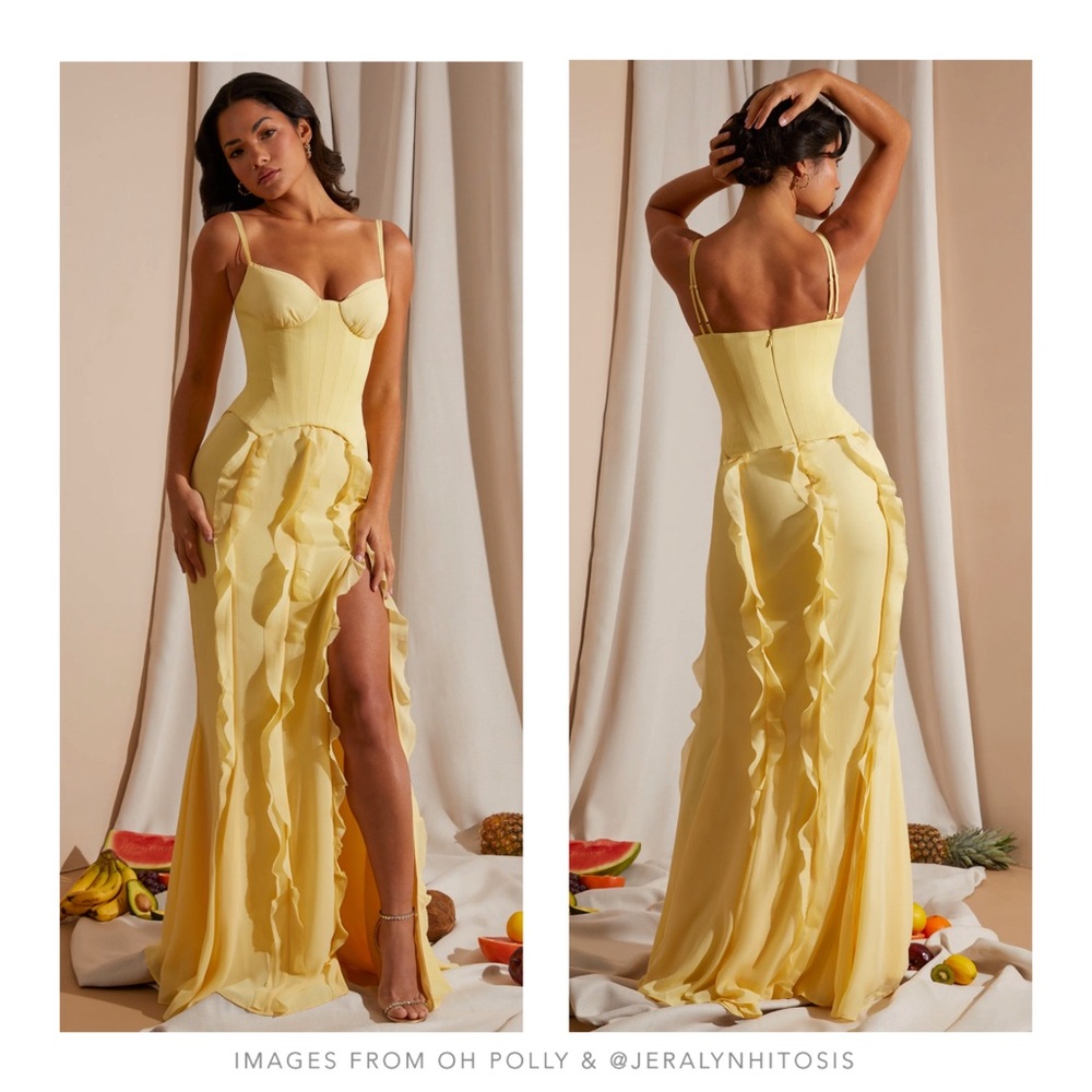 Oh Polly | Perrine Corset Frill Skirt Maxi Dress in Yellow